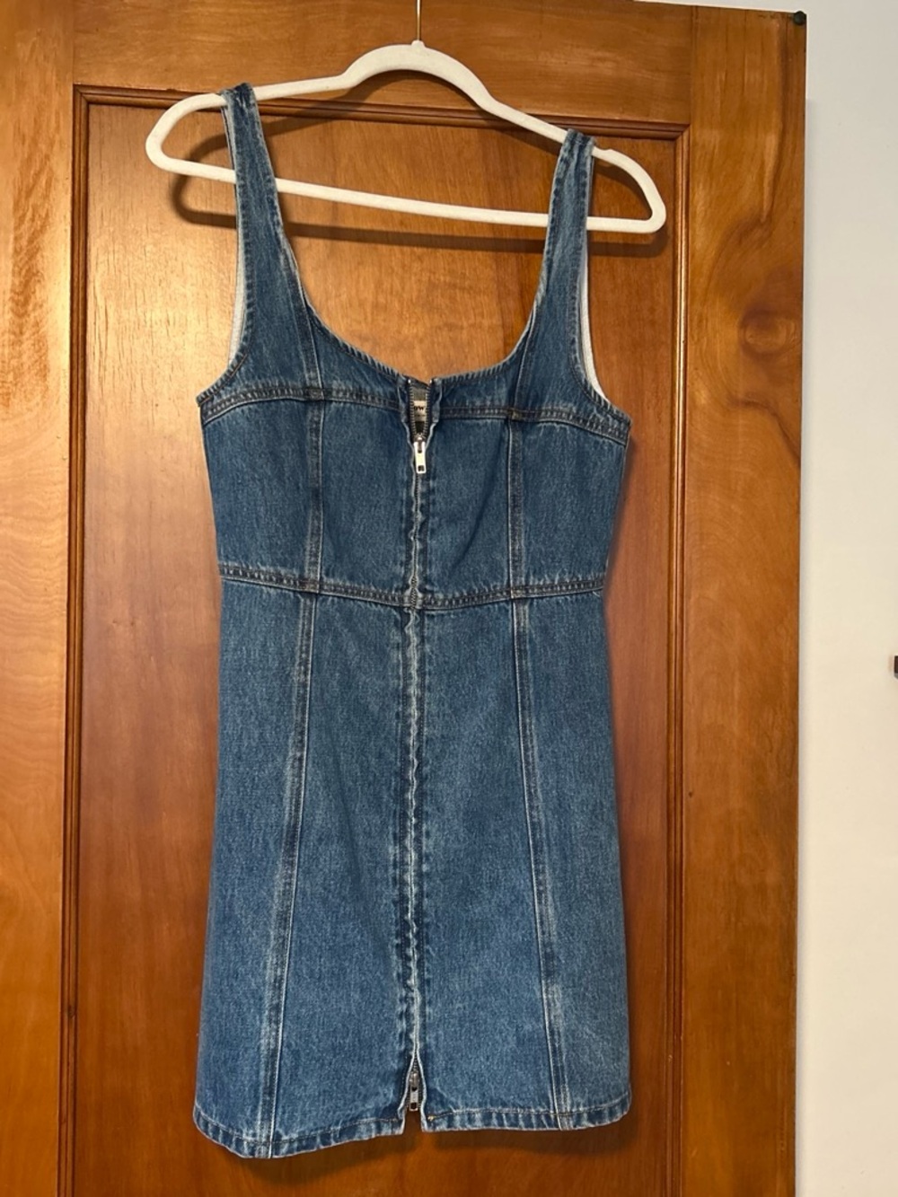 Showpo Denim Zip-Front Mini Dress in Medium Blue